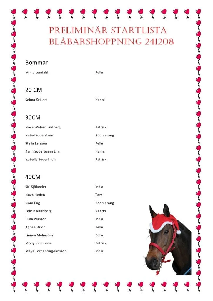 Blåbärshoppning preliminär startlista 8/12-24