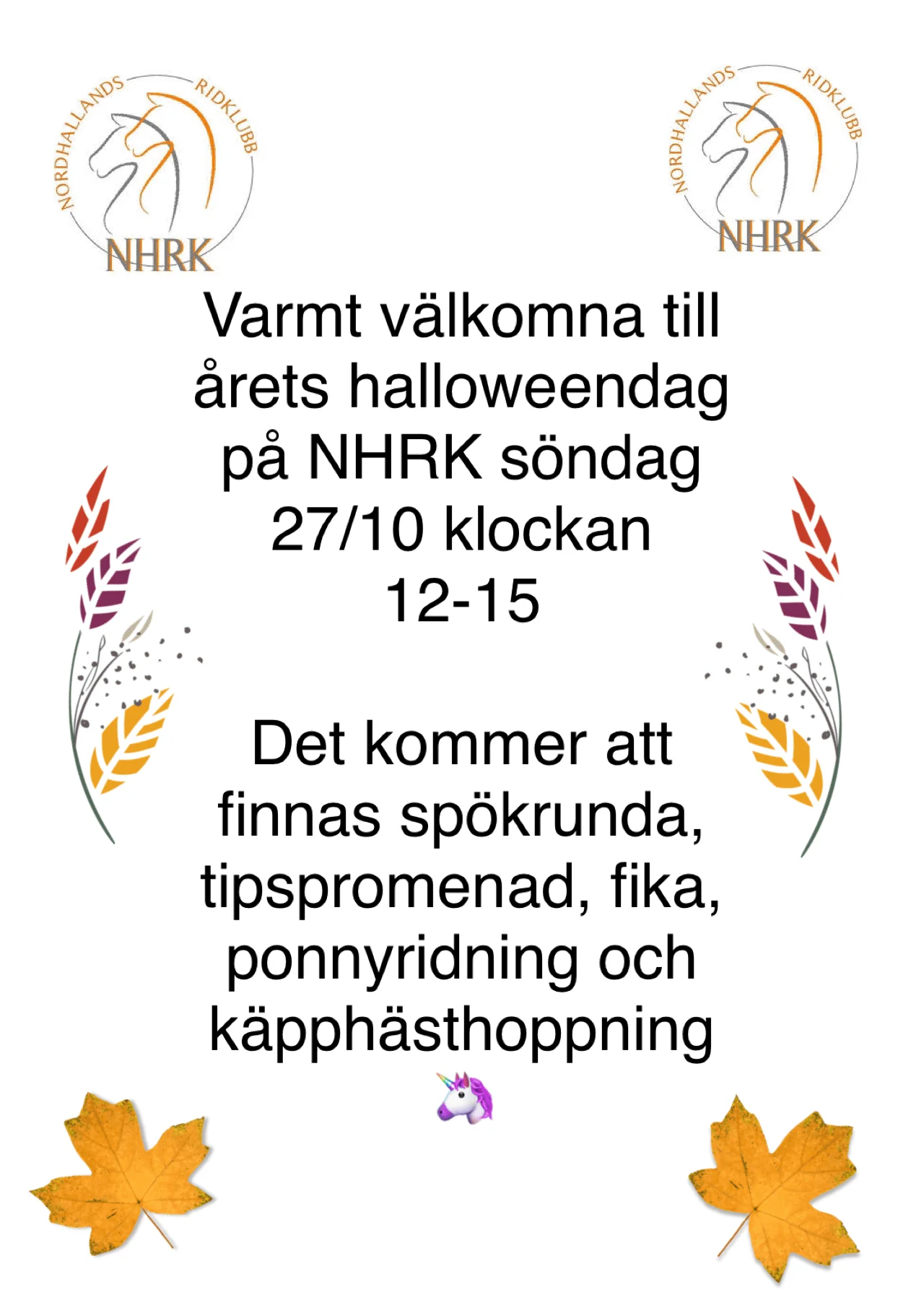 Halloween dag på NHRK söndag 27/10 kl 12:00-15:00