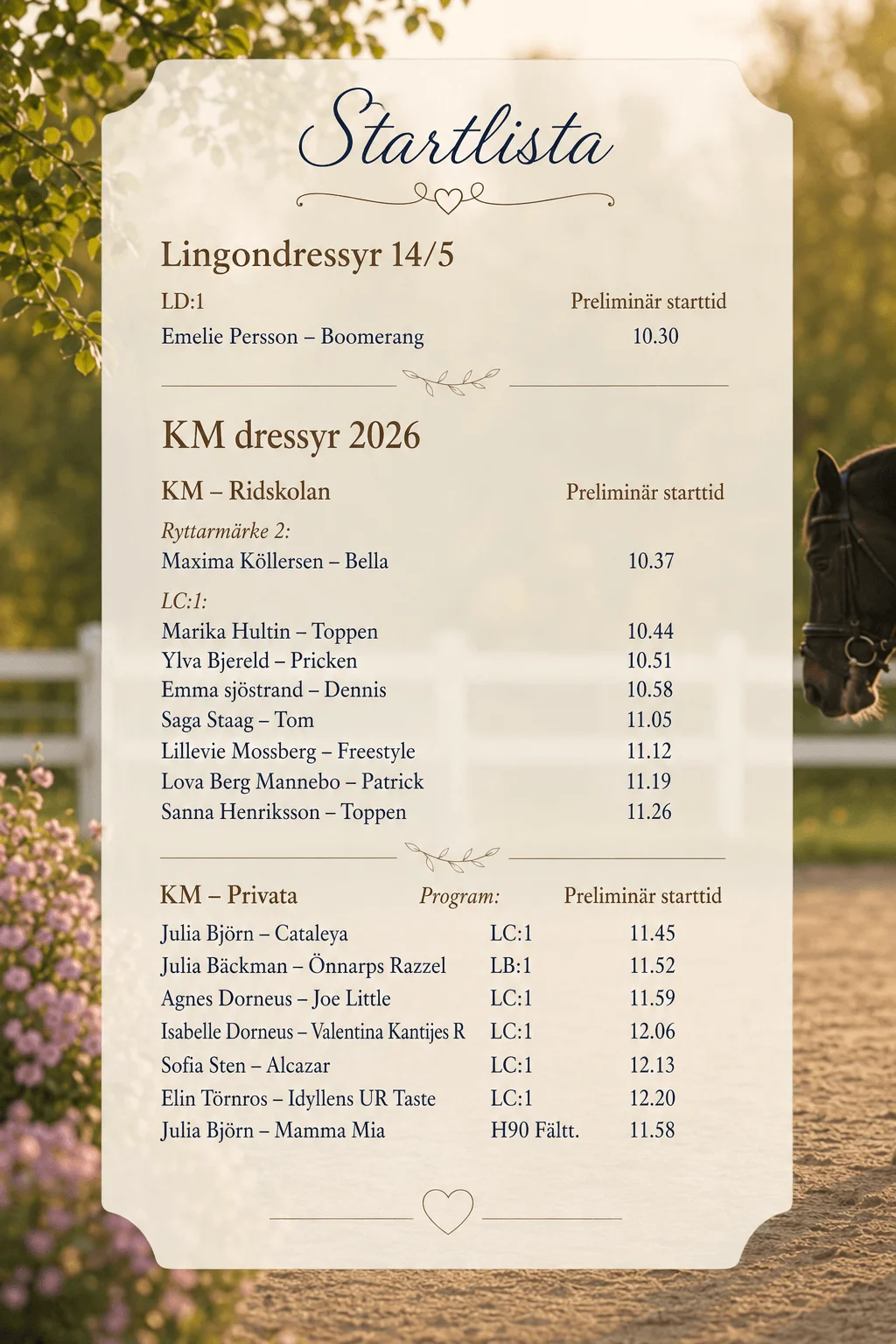 Preliminär startlista Lingondressyr och KM ridskolan och privata 14 maj