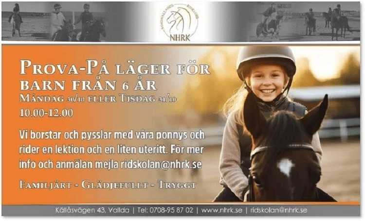 Prova på ridning hos NHRK 30/10 eller 31/10 kl 10-12