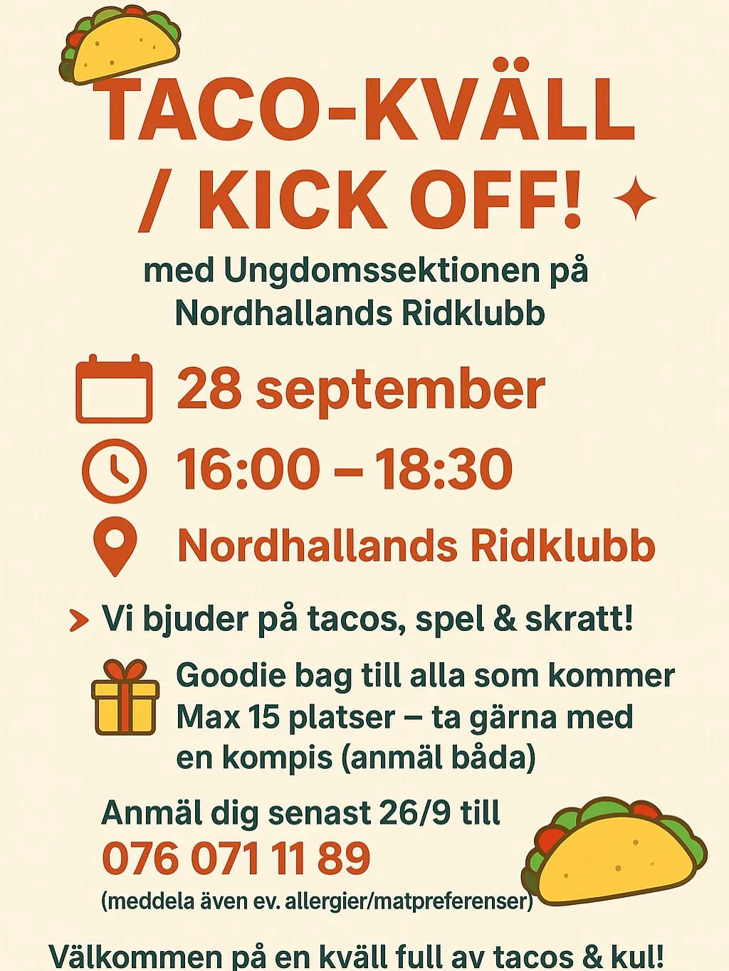 TACO-KVÄLL / KICK OFF! – UNGDOMSSEKTIONEN PÅ NORDHALLANDS RIDKLUBB